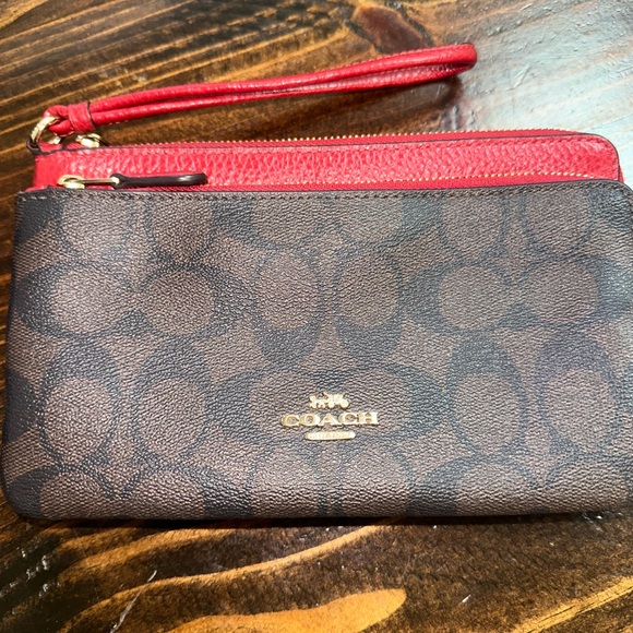 Coach Double Zip Signature Canvas Brown Red Wristlet Wallet C5576 - Picture 2 of 3